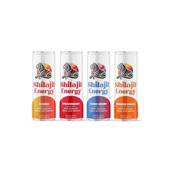 Shilajit Energy Drink Variety Pack Mango, Orange Peach, Strawberry, and Mixed Berry 12-Pack