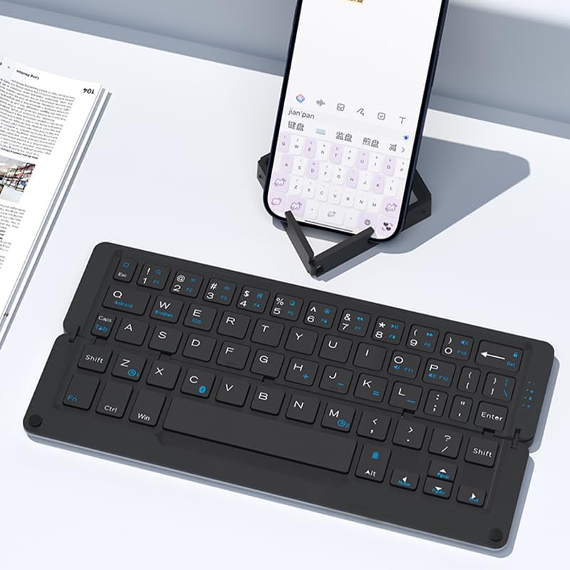 JOMAA Portable Foldable Bluetooth Keyboard – Triple System Compatible, Aluminum Alloy, Dual Device Switching Mini Travel Keyboard for Phone, Tablet & PC