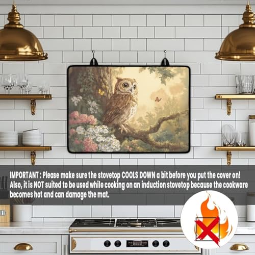 Image of Owl Electric Stove Insulation Mat Water Resistant Dish Drying Mat for Kitchen Non-Slip Rubber Base Heart Resistant Stovetop Protector Home Kitchen Decor