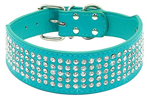 Beirui Rhinestones Dog Collars - 5 Rows Full Sparkly Crystal Diamonds Studded PU Leather - 2 Inch Wide -Beautiful Bling Pet Appearance for Medium & Large Dogs,15-18" Turquoise