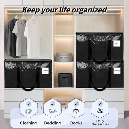 Image of 16 Pack Extra Large Heavy Duty Moving Bags, Black Storage Bins with Lids, Reinforced Handles & Heavy-Duty Zippers Moving Boxes Storage Bags Totes for Clothes Packing, Dorms, College Supplies, Black