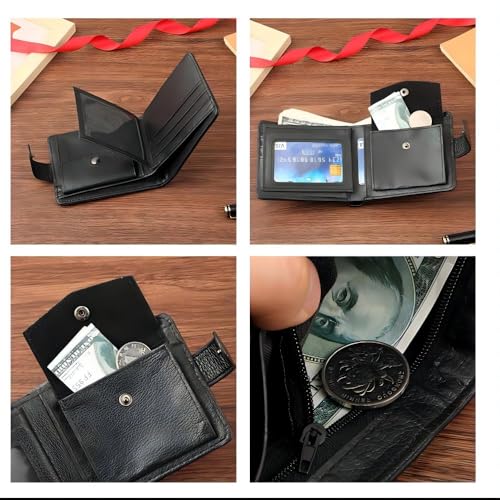 Wallet for Men Bifold Styles Fasten with Leather Belt Button Buckle Larger Capacity Multiple Card Slots with Coin Packet/Card Photo Holder Zipper wallets with ID Window(Black)4