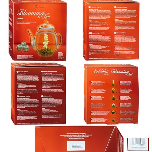 Creano Geschenkset Erblühtee Teeblumen Mix in Holzschachtel in Herzform - 6 Sorten Weißer Tee inkl. Glas Teekanne 500ml, Geschenk für Frauen, Mutter, Teeliebhaber
