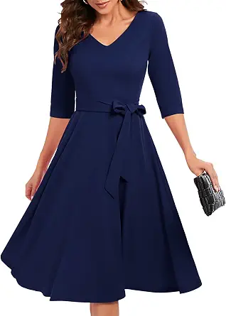 Bbonlinedress Women Casual Vintage Tea Dress Cocktail Prom Midi Church Dresses, V-Neck 3/4 Sleeves Dress