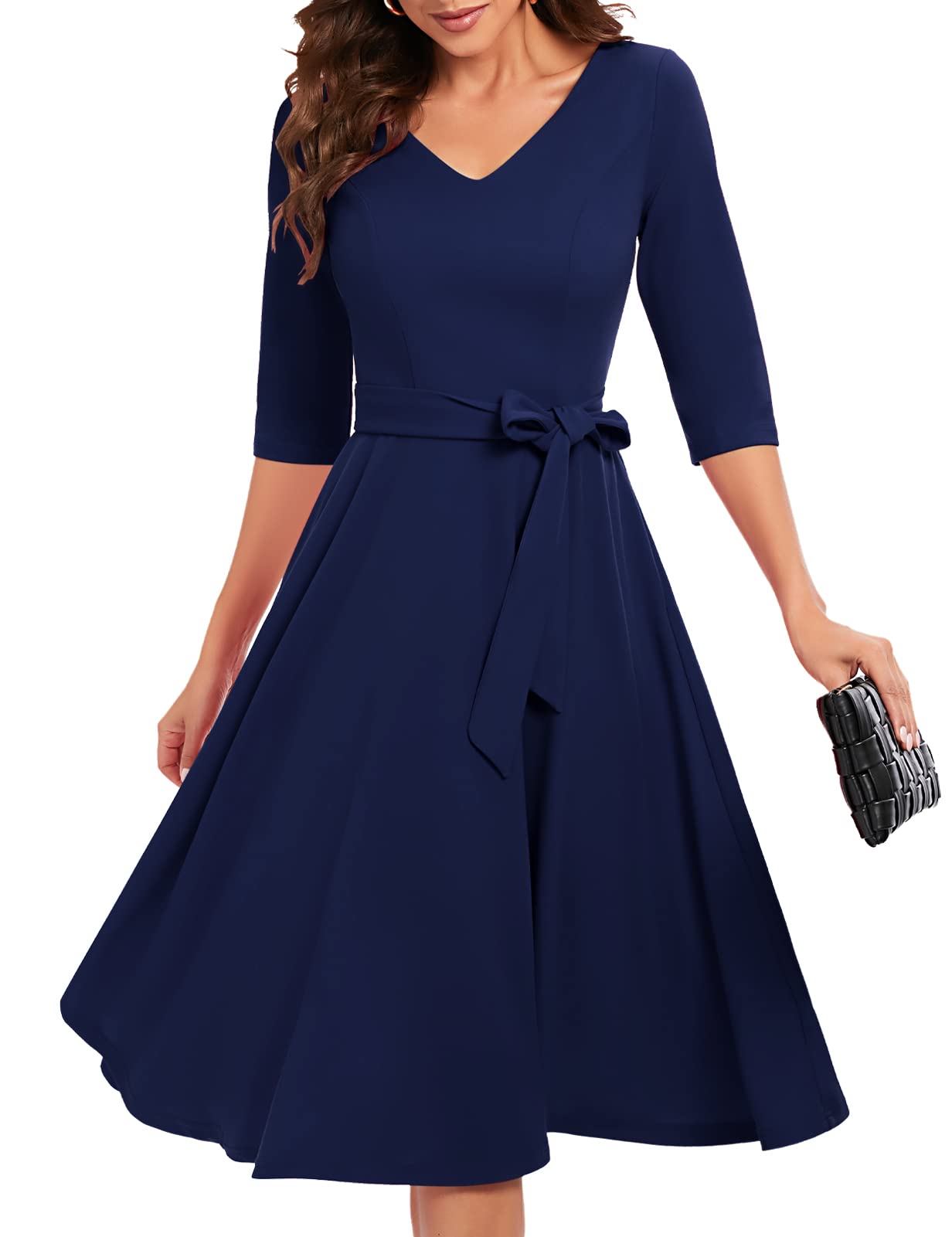 Bbonlinedress Vestido de Fiesta Cóctel Vintage para Muejeres Bada Graduación Dama de Honor Midi Mangas 3/4 Cuello V con Cinturón