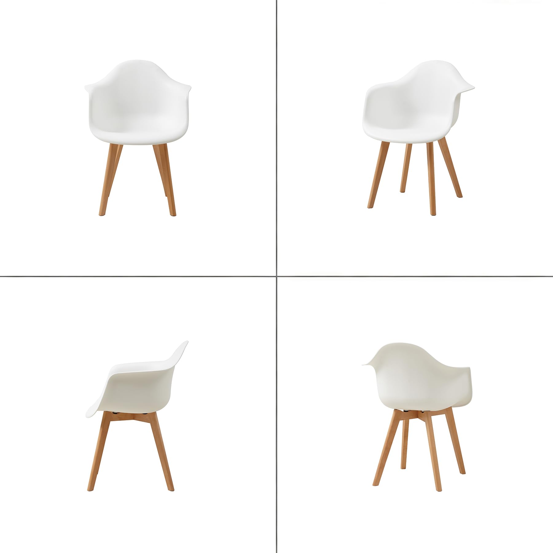 Set di 2 Sedie da Pranzo con Braccioli, Sedute in PP, Bianco | Design Nordico, Polipropilene e Faggio, Resistenti, Facili da Pulire, Fino a 125kg. per Cucina, Sala, Ufficio, Caffè.