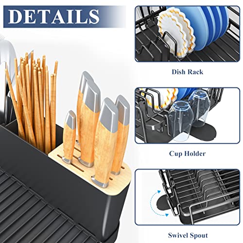 Herjoy Dish Drying Rack For Kitchen Counter, Large Dish Rack Expandable Black Drying Dish Drainers Rack, Anti-Rust Drying Rack With Drainboard And Cup Holders Rack Organizer #TOP3