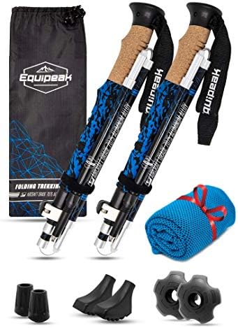 Equipeak Collapsible Folding Hiking & Trekking Sticks - 2 Aluminum Walking Poles with Real Cork & EVA Handle Grip Set - Ultra Strong Locking - for Men & Women