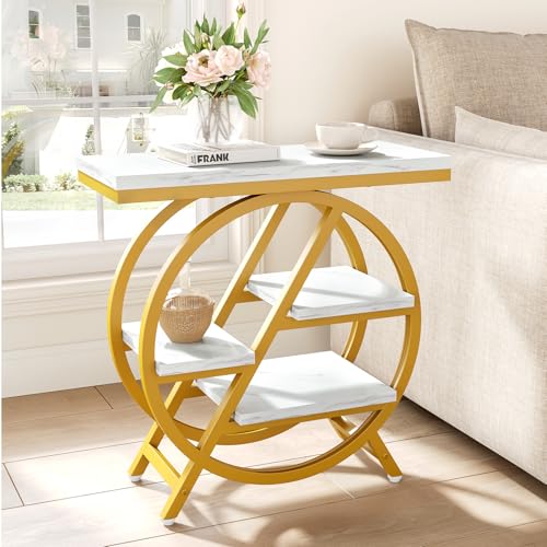 LITTLE TREE End Table, 4-Tier Narrow Faux Marble Side Table with Large Storage Space, Modern Nightstand and Bedside Table for Living Room, Home Office, Bedroom, White and Gold by LITTLE TREE - Image 2