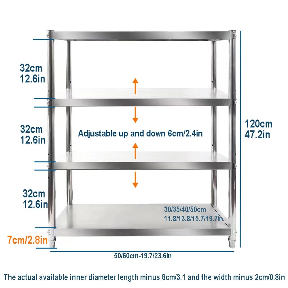 Scaffale da cucina a 4 ripiani in acciaio inox, resistente, in metallo, regolabile, altezza 119,9 cm, finitura argento, ideale per uso domestico o ristorante