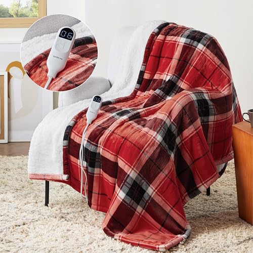 Image of Bedsure Plaid Heated Throw Blanket - Safe Electric Flannel Blanket with Red Plaid Pattern, Heated Blanket with 6 Heating Levels, 4 Time Settings, and 3 Hours Auto-Off (50x60 inches), BS-100T