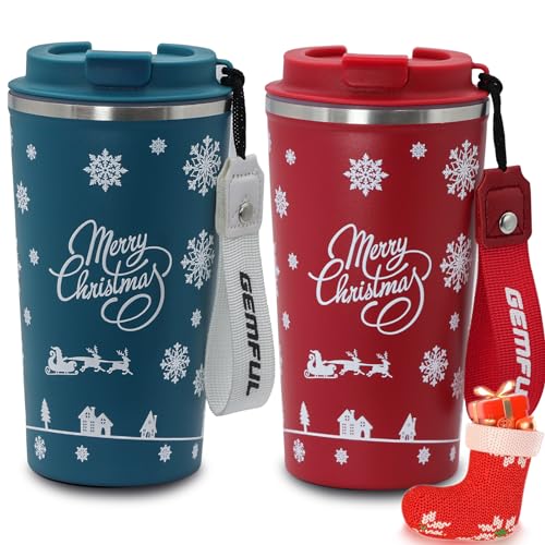 GEMFUL 2 Pack Hot Mug to go for Mom Gifts Spill Proof Insulated Coffee Cup 17oz with Strap for Travel Home Office 2 Pack(Blue+red)
