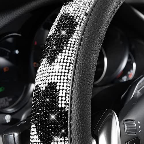 Image of CAR PASS Bling Cow Print Diamond Steering Wheel Cover, with Sparkly Crystal Glitter Rhinestones Black Leather Car Wheel Protect for Women Girl Fit Suvs,Vans,Sedans,Cars,Trucks, 14 inch 1 /2-15 inch Cow Design