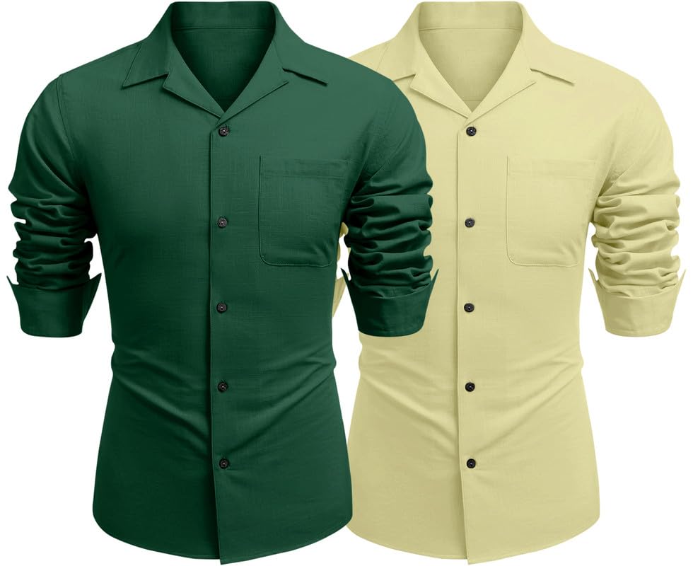 Image of Combo of Men's Casual Cotton Blend Shirt || Long Sleeve Button Down with Spread Collar | Lightweight Breathable Fabric | Stylish Solid Shirt for Beach, Office & Everyday Wear Pack of 2