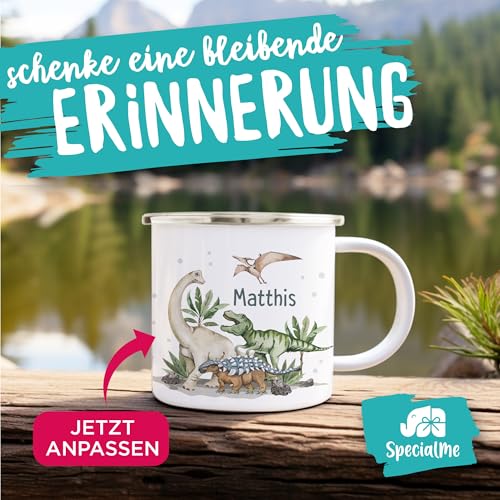 SpecialMe® Kinder-Tasse Emaille Dino mit Namen personalisiert Dinosaurier Namenstasse individuelle Geschenke Emaille-weiss-silber standard – Ansicht 3