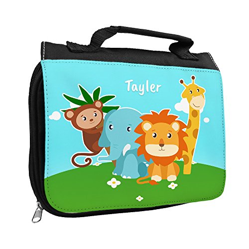 Kulturbeutel mit Namen Tayler und Motiv mit Zoo-Tieren für Jungen | Kulturtasche mit Vornamen | Waschtasche für Kinder