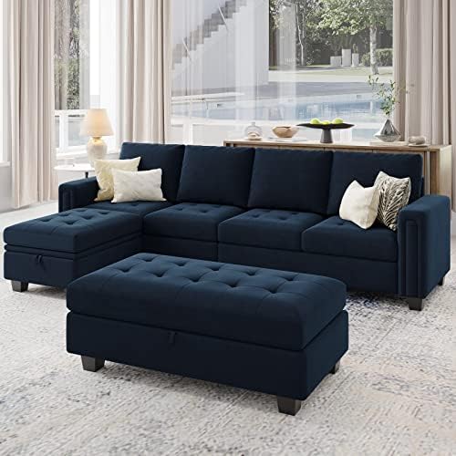 Belffin Velvet Convertible 4-Seat Sectional Sofa with Reversible Chaise L Shaped Sofa Couch Furniture Sets Sectional Couch with Storage Ottoman Blue - Thumbnail 4