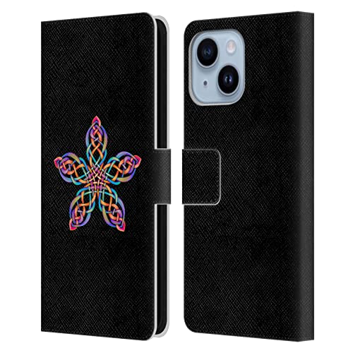 Coque iPhone 14 Plus cuir portefeuille à motif étoiles et nœud celtique