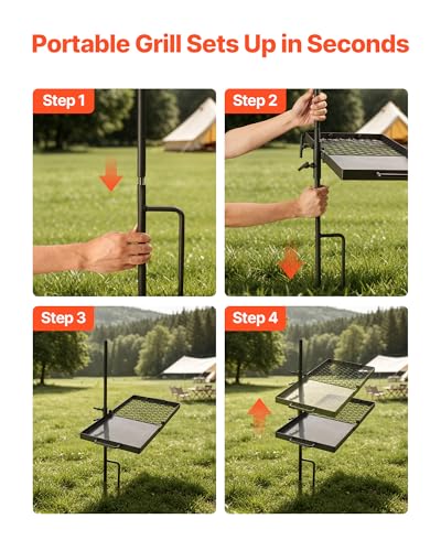 Image of VEVOR Heavy Duty Swivel Campfire Grill, 24 inch Camping Grill Grate & Griddle