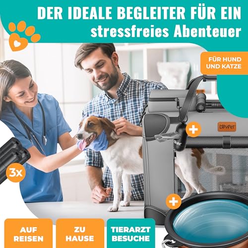 LOVPET® Transportbox Hund Katze Transporttasche XL 82x58x58cm | Hunde-Tragetasche Faltbare Katzentasche | Haustier-Transportbox inkl. Hundenapf & Schultergurt | für Katzen & Hunde Hellgrau