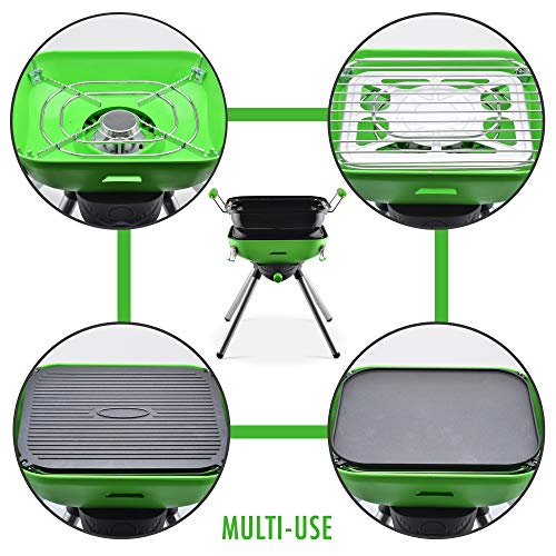 Image of Flame King YSNVT-301 Multi-Function Portable Propane BBQ Grill Camp Stove, 8000 BTU 9.5 x 12 Inch Cooking Surface, Light Green /Black