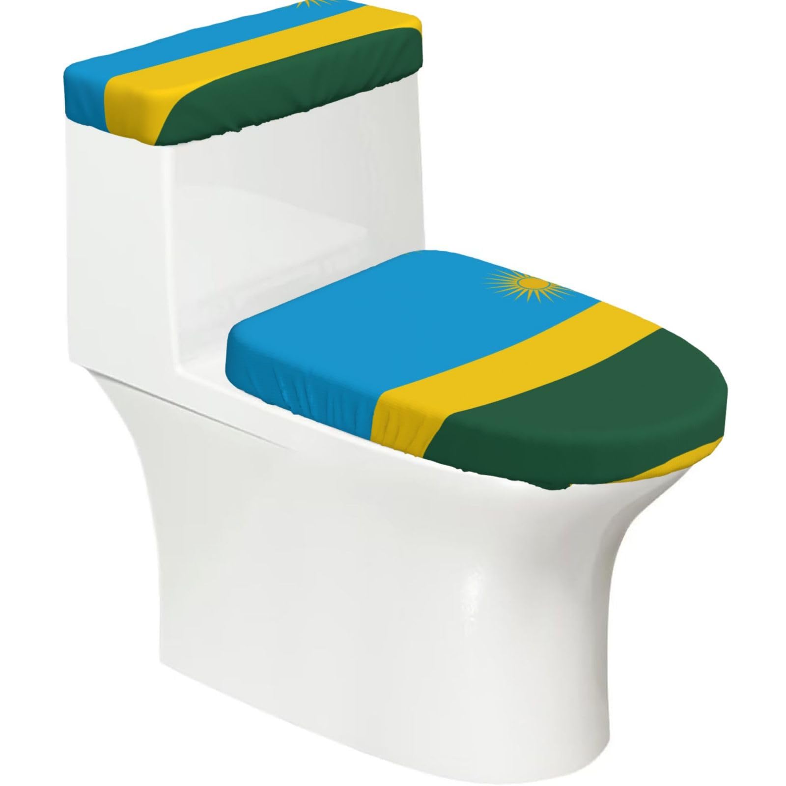 Flag of Rwanda Elastic Toilet Cover Set of 2-Stretchy Lid and Tank Covers for Bathroom, Soft Washable U Shape Toilet Decor