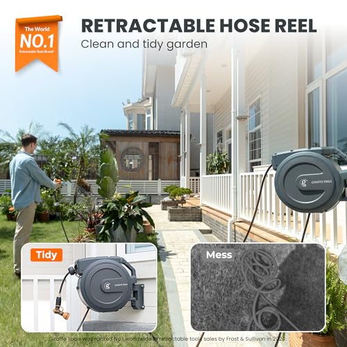 Image of Giraffe Tools Retractable Garden Hose Reel 1 /2 inch130FT Wall Mount Auto Rewind
