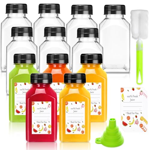 Leaflai Plastic Juice Bottles with Caps 12 pcs - 4oz Reusable Juice Containers with Tamper Proof Lids Black - Clear Bottles for Juicing Milk Smoothie Drinking and Other Beverages Christmas Gifts