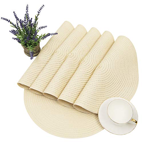 Image of SHACOS Round Braided Placemats Set of 6 Round Table Place Mats for Dining Tables 15 inch (Cream, 6)