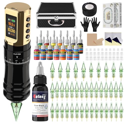 Nazzor Tattoo Kits Tattoo Machine with 1800mAh LED Display 40PCS Needles and 14 Ink Gold