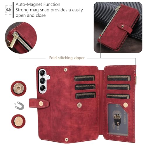 UEEBAI Wallet Case for Samsung Galaxy S24 5G, 9 Card Slots Retro Leather Wallet Shockproof Flip Cover with Hand Strap Card Slots Zipper Pocket Kickstand Handbag Magnetic Closure - Retro Red by UEEBAI - Used condition - Image 5