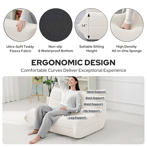 Image of HABUTWAY Bean Bag Chairs Fireside Lazy Floor Sofa,2 Seater,Beige | Soft Teddy Fleece 2 Seater Sofa with High-Resilience Foam Filling,Beanbag for Living Room, Bedroom, Office