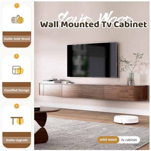 Supporto TV in legno con cassetti e ante, armadio a parete per console multimediale, mobiletto per TV galleggiante, moderno centro di intrattenimento con retro cavo e foro per router