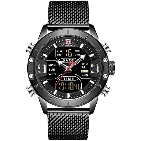 NAVIFORCE Men Sports Digital Waterproof Watches Stainless Steel Military Quartz Clock Wristwatch (Black) Cover