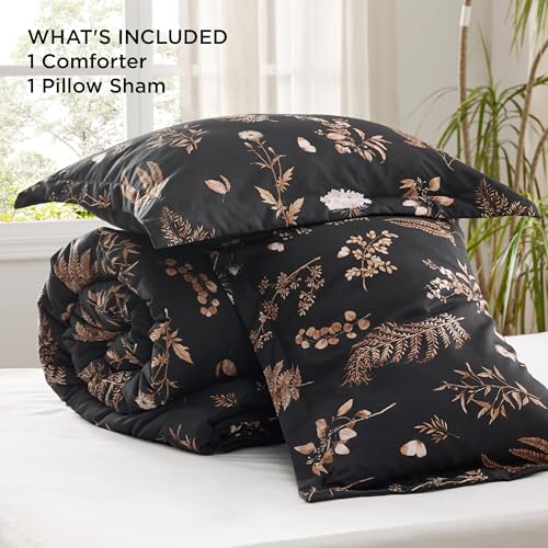 Image of Bedsure Comforter Set Twin /Twin XL Size - Cute Floral Comforter, Black Bedding Comforter Sets, 1 Soft Reversible Botanical Flowers Comforter and 1 Pillow Sham