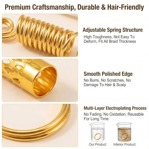 60 Piezas Accesorios de Pelo de Metal en Estilos Variados - Anillos de Puño, Cuentas en Espiral, Botones Dreadlock, Decoraciones de Trenzas, Horquillas para Extensión de Pelo (Oro y Plata) miniatura 4
