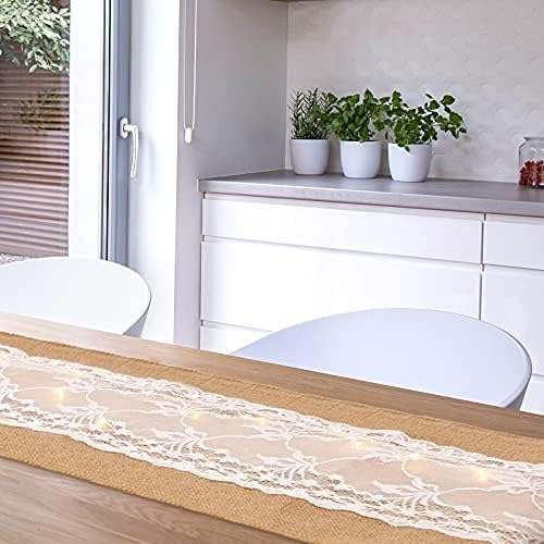 Miniatura 8 de Tiamon Camino de mesa de arpillera de 2 piezas con tira de luces LED de arpillera de encaje vintage, camino de mesa rústico para Acción de Gracias,