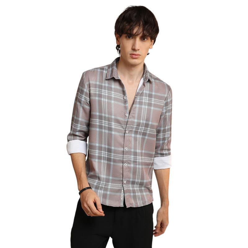 Image of CAHOOT Men's Nude Pink & Cloud Grey Tartan Plaid Shirt for Casual Wear | Spread Collar | Long Sleeve | Button Closure | Shirt Crafted with Comfort Fit for Everyday Wear
