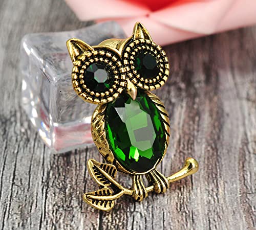 Image of Gyn&Joy Golden Tone Emerald Green Colored Crystal stone Owl Bird Brooch Pin