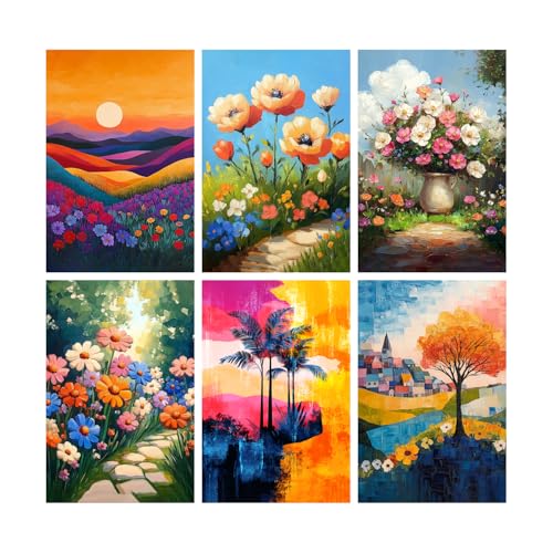 Image of SiddArtify Floral Landscape Wall Art Prints Set - Colorful Flower Poster Decor for Living Room Bedroom Office - 8x12 Sticker Pack of 6