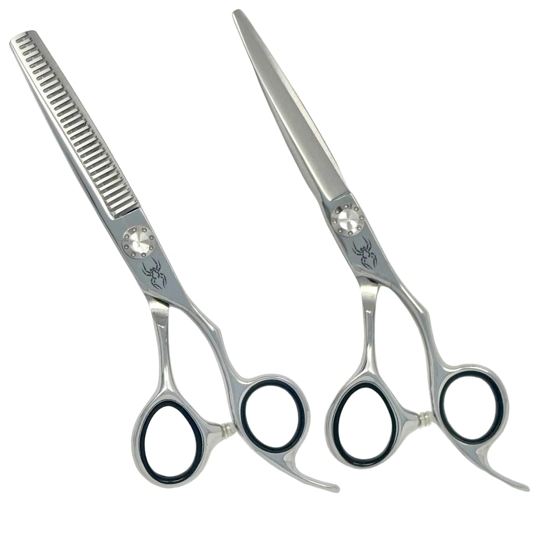 Black Widow Shears 6" Hair Cutting Scissors Thinning Shears Kit Professional Barber Hairdressing Texturizing Salon Razor Edge Scissor Japanese Stainless Steel Razor Sharp Convex Edges