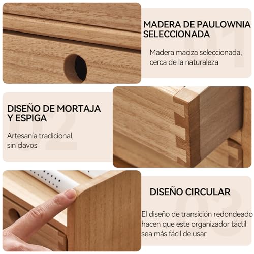 KIRIGEN Caja de Almacenaje de Madera Maciza Bandeja Plana, Organizador de Escritorio, Gran Capacidad, Organizador de Oficina de Madera color natural - imagen 5