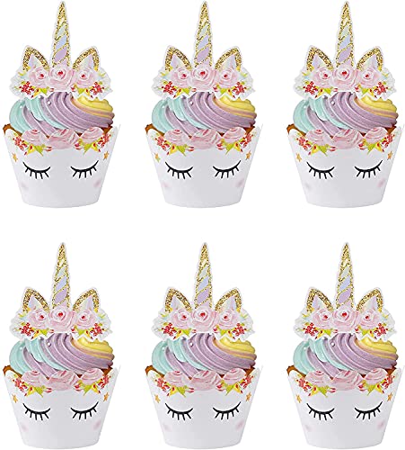 Cupcake Topper Wrapper,Unicorn Cupcake Toppers 24 Pack Cupcake Wraps Liner Baking Cup Party Supplies Cake Decorations para Niños Niñas Regalo Unicornio Decoraciones de Fiesta de Cumpleaños
