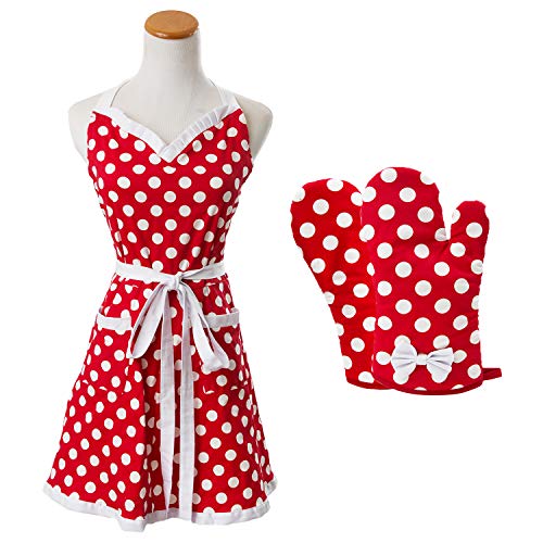 Houseables Polka Dot Apron, Red & White, Retro, Adjustable, One Size, w/Oven Mitts