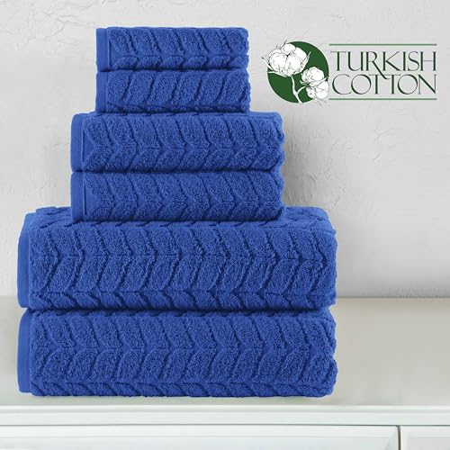 Image of Elegant Comfort Luxury 6-Piece 100% Turkish Cotton Jacquard Braided Textured Premium Hotel Quality Towel Set- Soft and Absorbent, Includes 2 Bath Towels, 2 Hand Towels and 2 Washcloths, Royal Blue