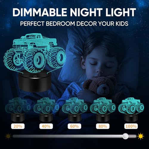 Image of BASSI Monster Trucks Night Light for Boys, 3D LED Optical Illusion Lamp with Remote Control, 16 Colors Change Perfect Birthday Party Decor Idea for Boys, Kids, and Teens
