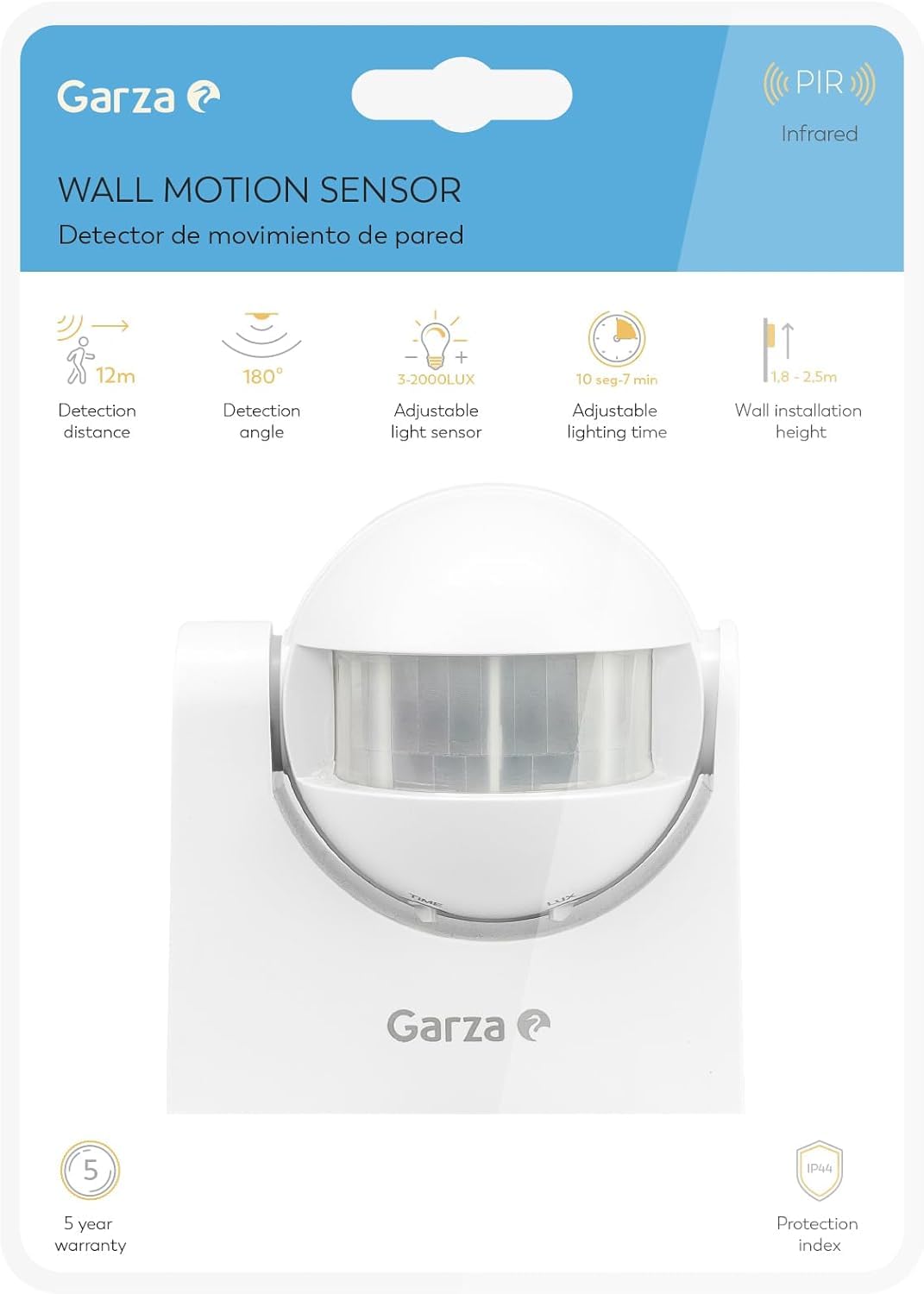 Pack de 3 Detector de Movimiento infrarrojo Garza de Exterior para Pared, con ángulo de detección 180º Tiempo de Encendido Regulable a 10sec -7 min, Blanco