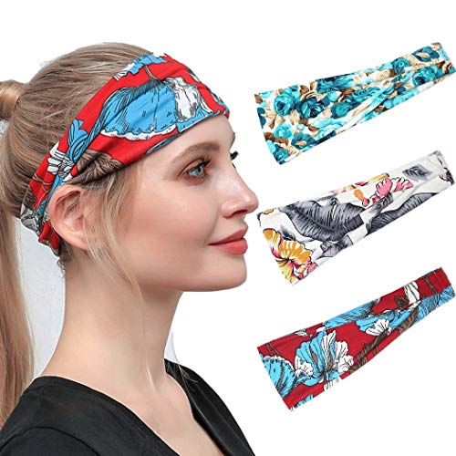 Haloty 3PCS Boho African Headbands Floal Sports Running Stylish Hairbands Workout Head Wraps Wide Hair Bands Elastic Wor