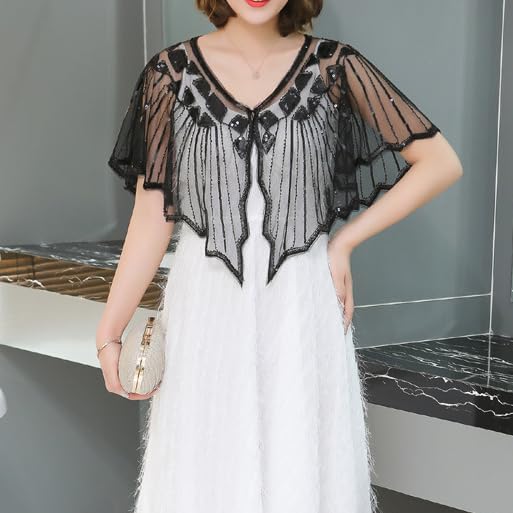 Formery 1920s Flapper Sequin Shawl Wraps Gatsby Black Shawls for Evening Party Cape Wavy Hem Bridal Shawls Bolero Cover Up4