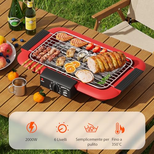 Elektrogrill, rauchfreier Antihaft-Grill, für den Innen- und Außenbereich, abnehmbarer, leistungsstarker, tragbarer Grill, 2000 W, Doppelrohr, für Grillpartys (Rot D)